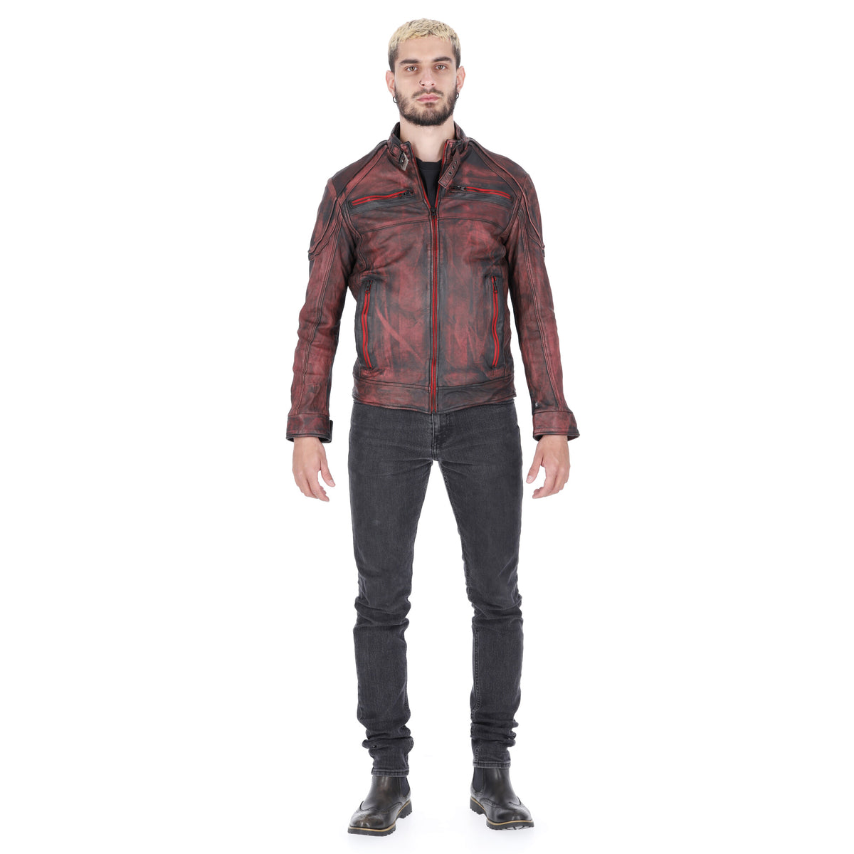 Chaqueta de Cuero Envejecido Negro Base Rojo Minor