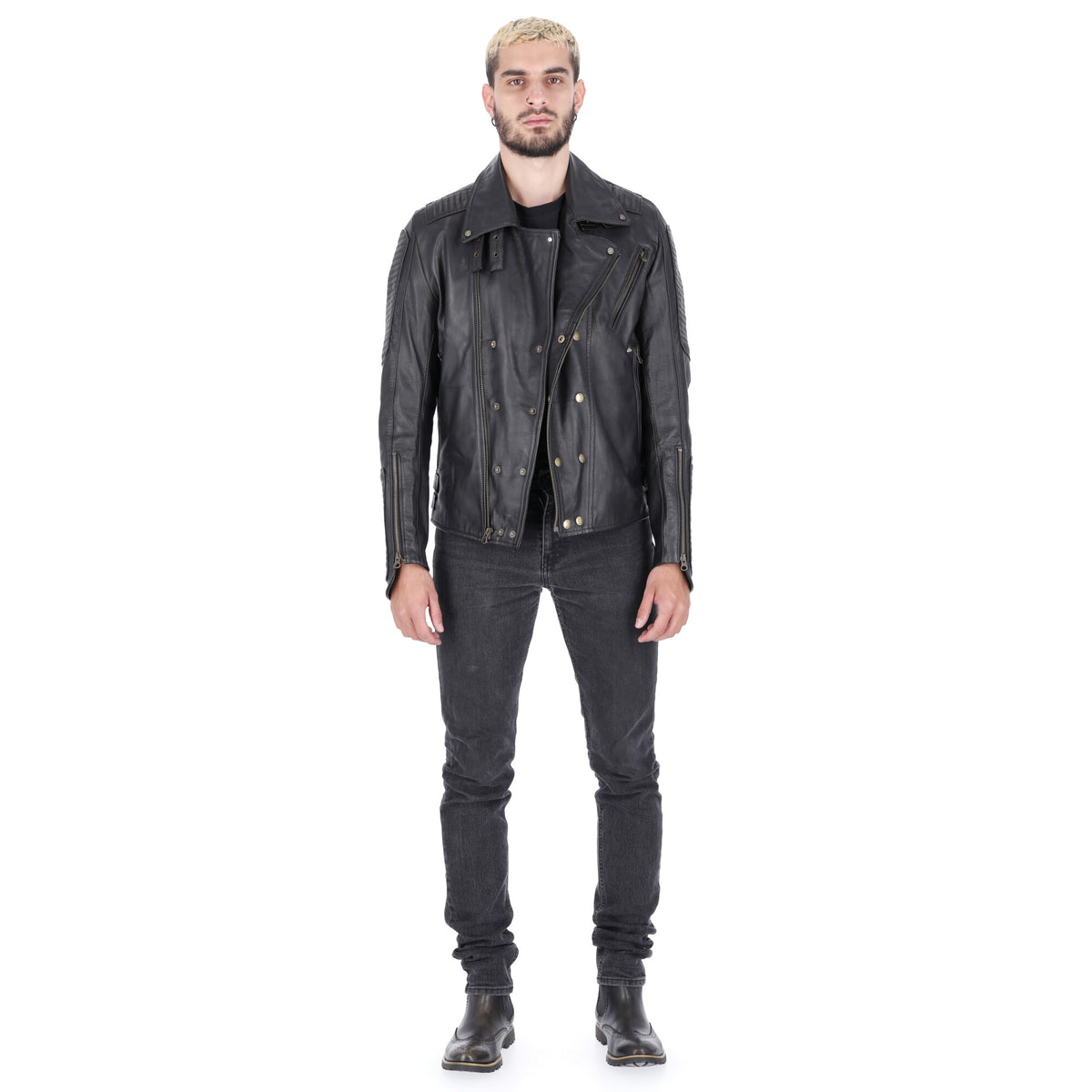 Chaqueta de Cuero Negro Base Beige Dragon