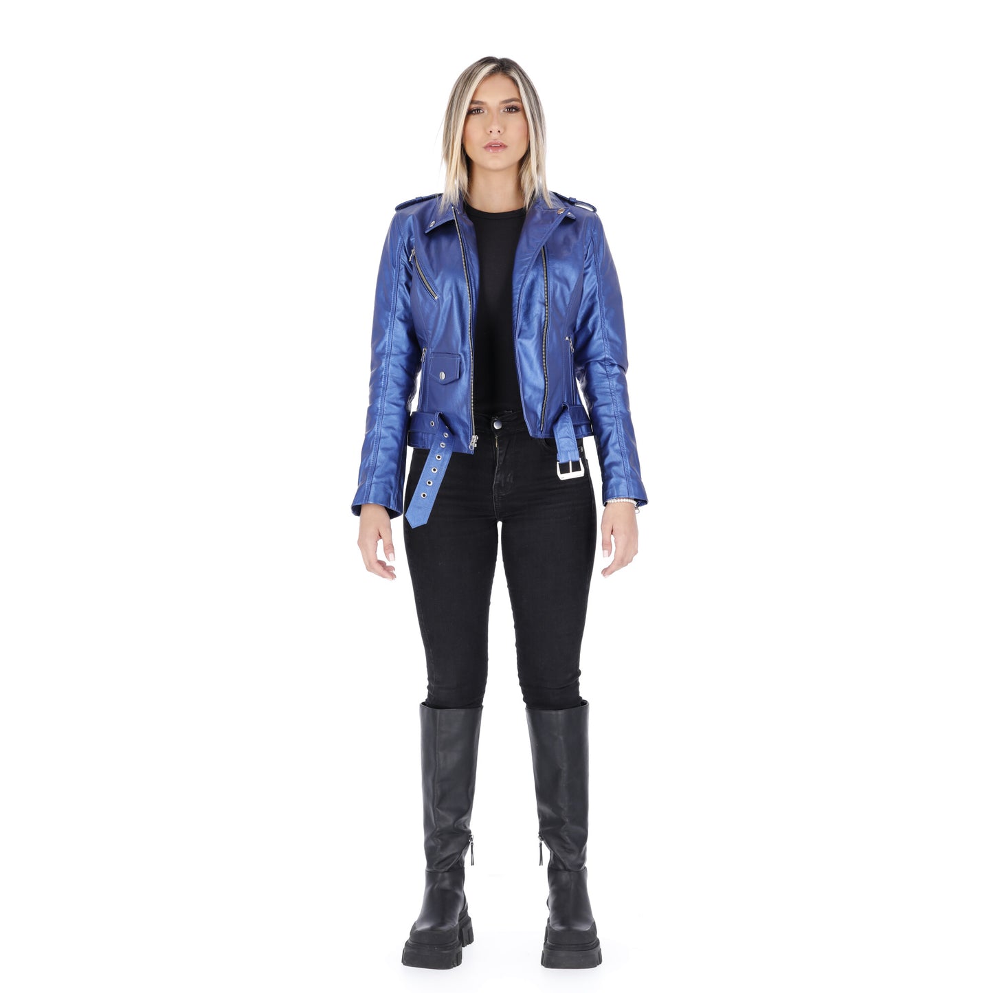 Chaqueta en Cuero Azul Metalizado W48