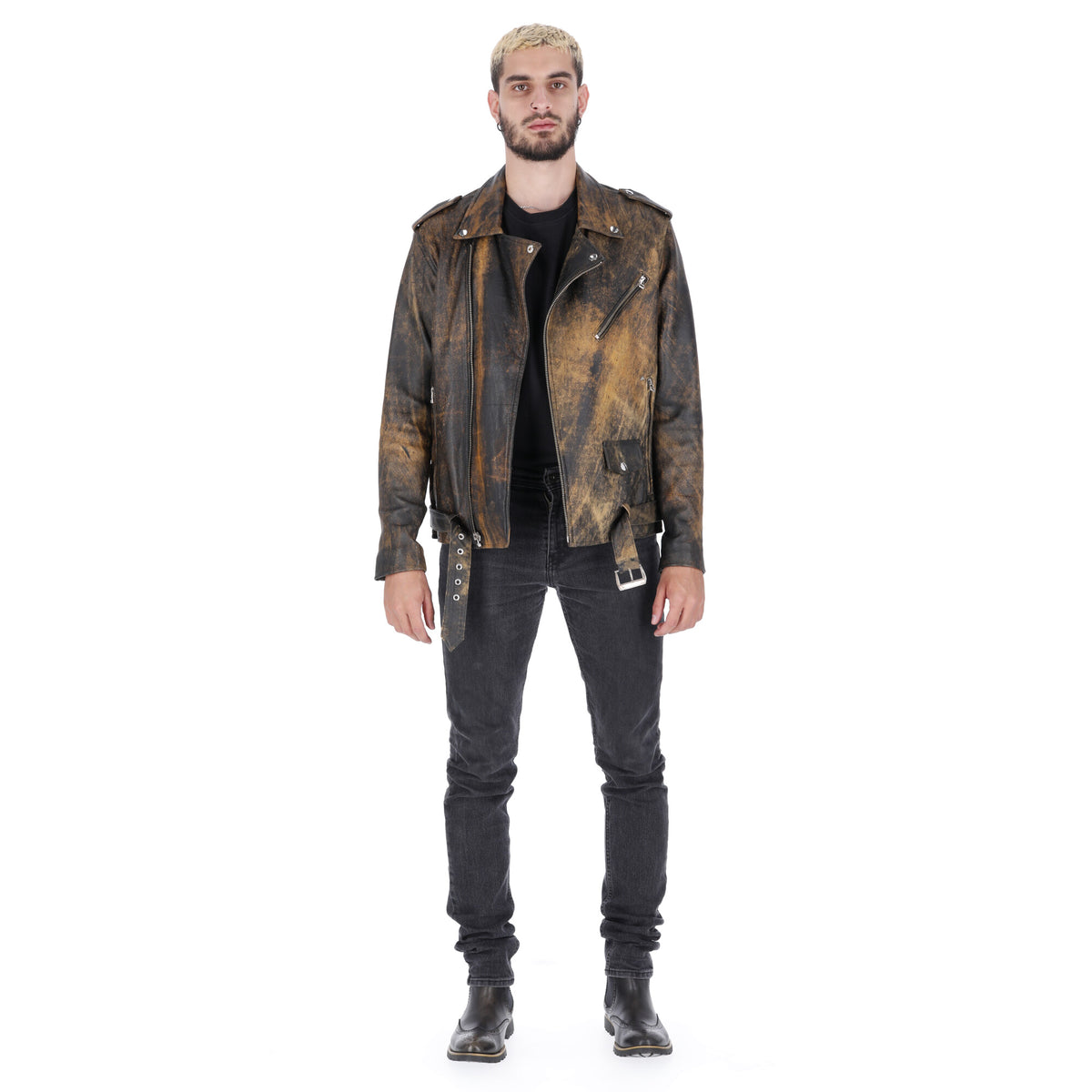 Chaqueta de Cuero Envejecido Negro Base Amarillo Bison