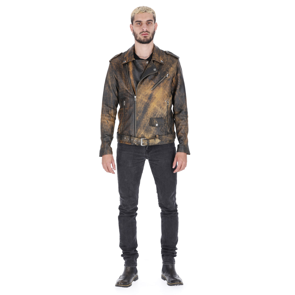 Chaqueta de Cuero Envejecido Negro Base Amarillo Bison