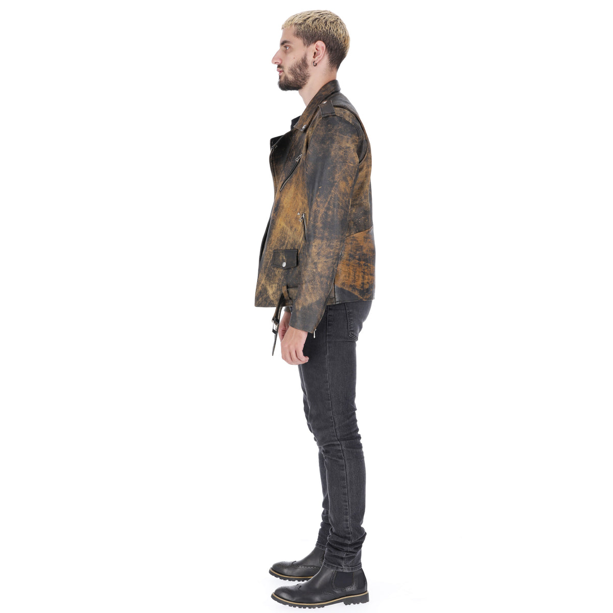 Chaqueta de Cuero Envejecido Negro Base Amarillo Bison