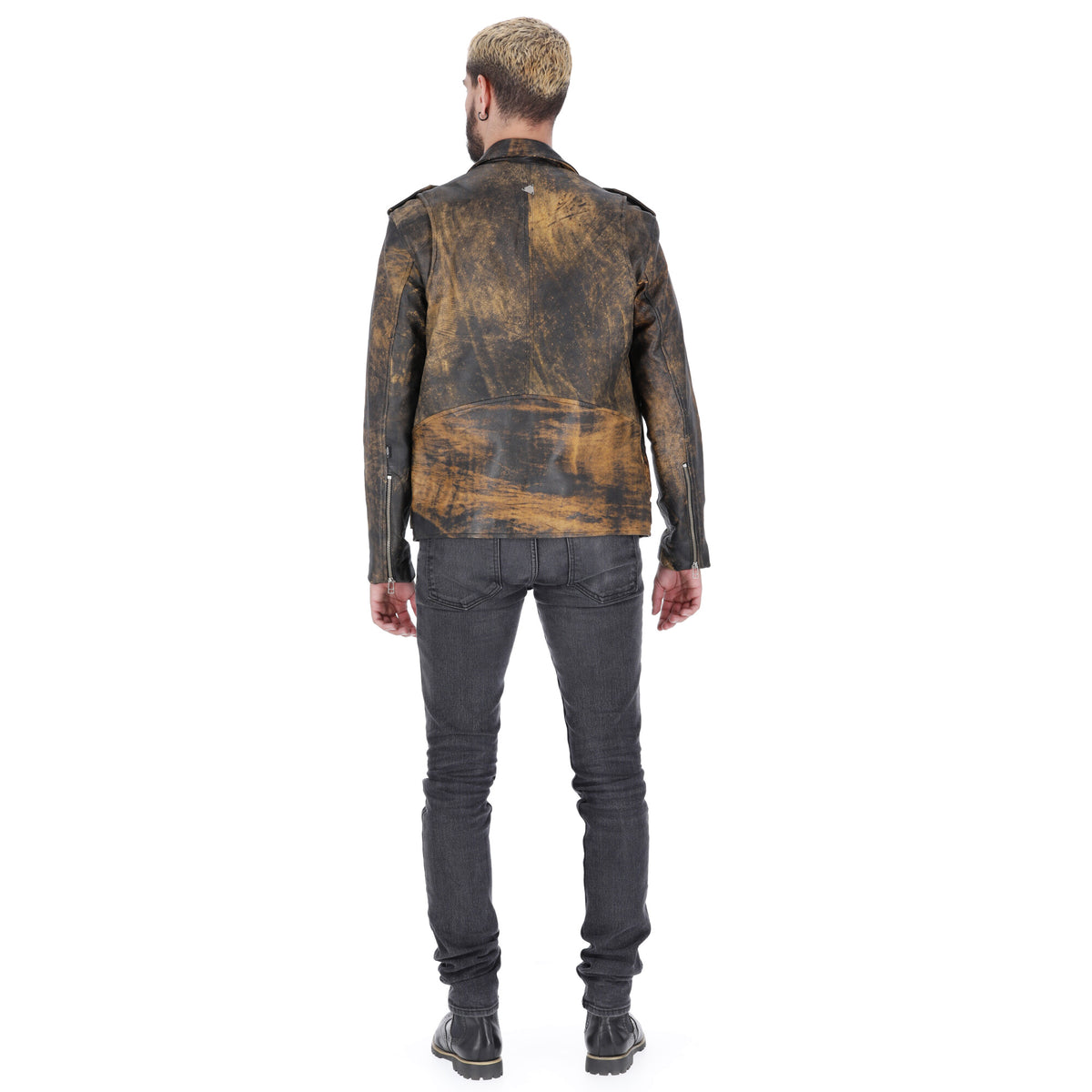 Chaqueta de Cuero Envejecido Negro Base Amarillo Bison