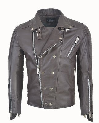 Chaqueta de Cuero Cafe  Cremallera Aluminio #10 Dragon