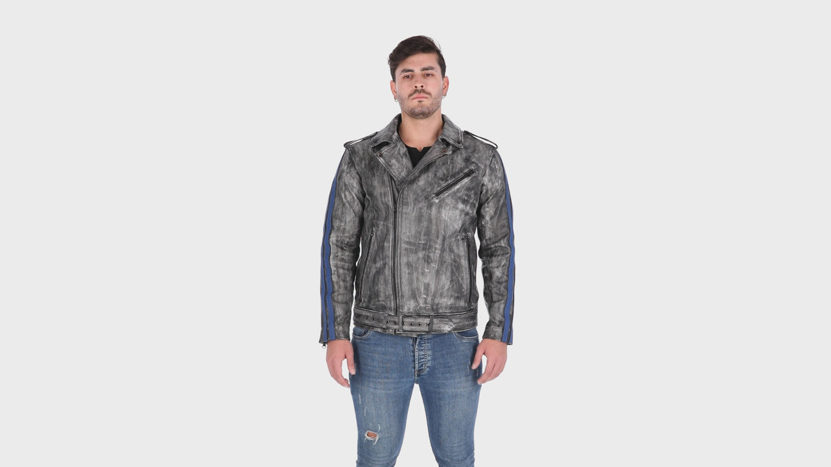 Chaqueta de Cuero Negro Base Blanco Con Lineas Azules Bison