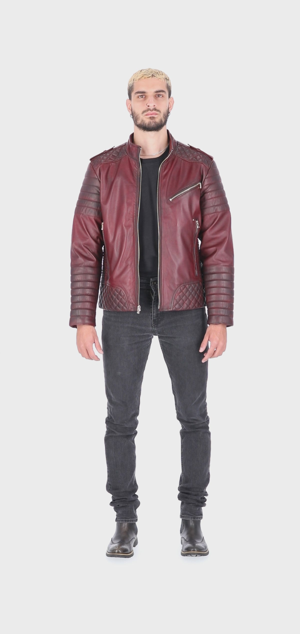 Chaqueta de  Cuero Vinotinto Contrastado Orli