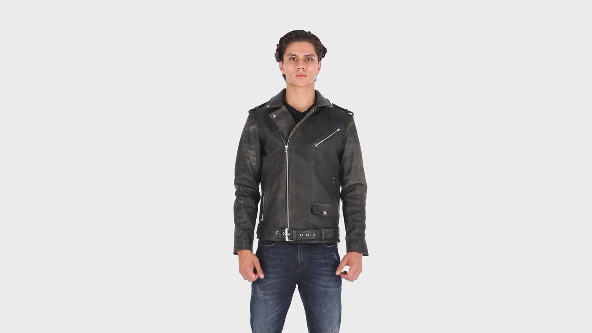 Chaqueta de Cuero Envejecido Negro Base Verde Bison