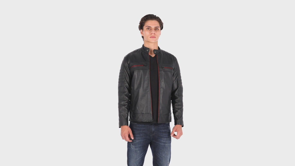 Chaqueta de Cuero Negro Cinta Roja LCHL28 Marca La Chaqueteria