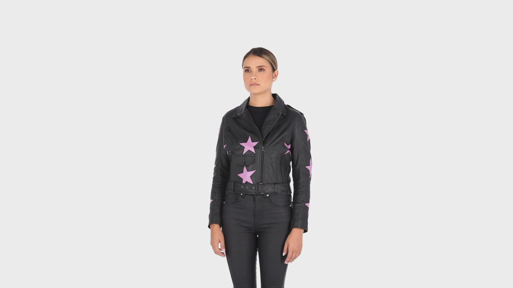Chaqueta en Cuero Becerro Negro Estrellas Fucsia W48