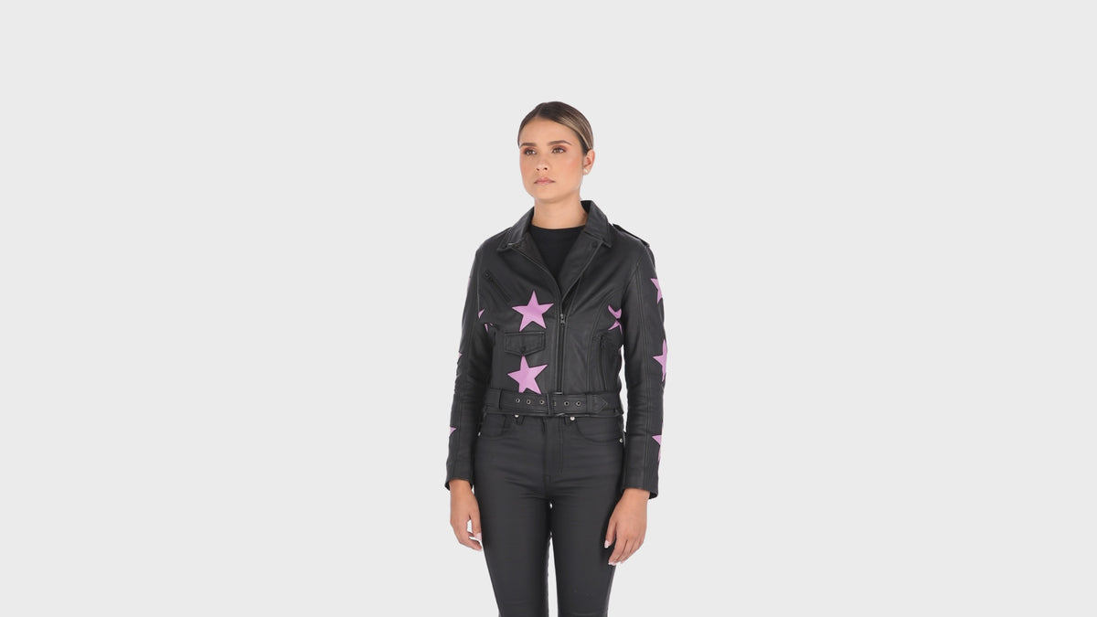 Chaqueta en Cuero Becerro Negro Estrellas Fucsia W48