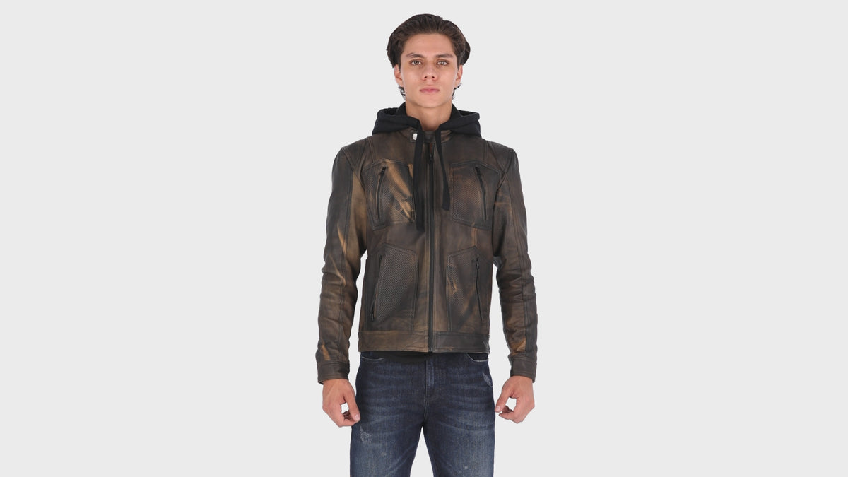 Chaqueta de Cuero Envejecido Negro Base Verde LCHL94 Marca La Chaqueteria