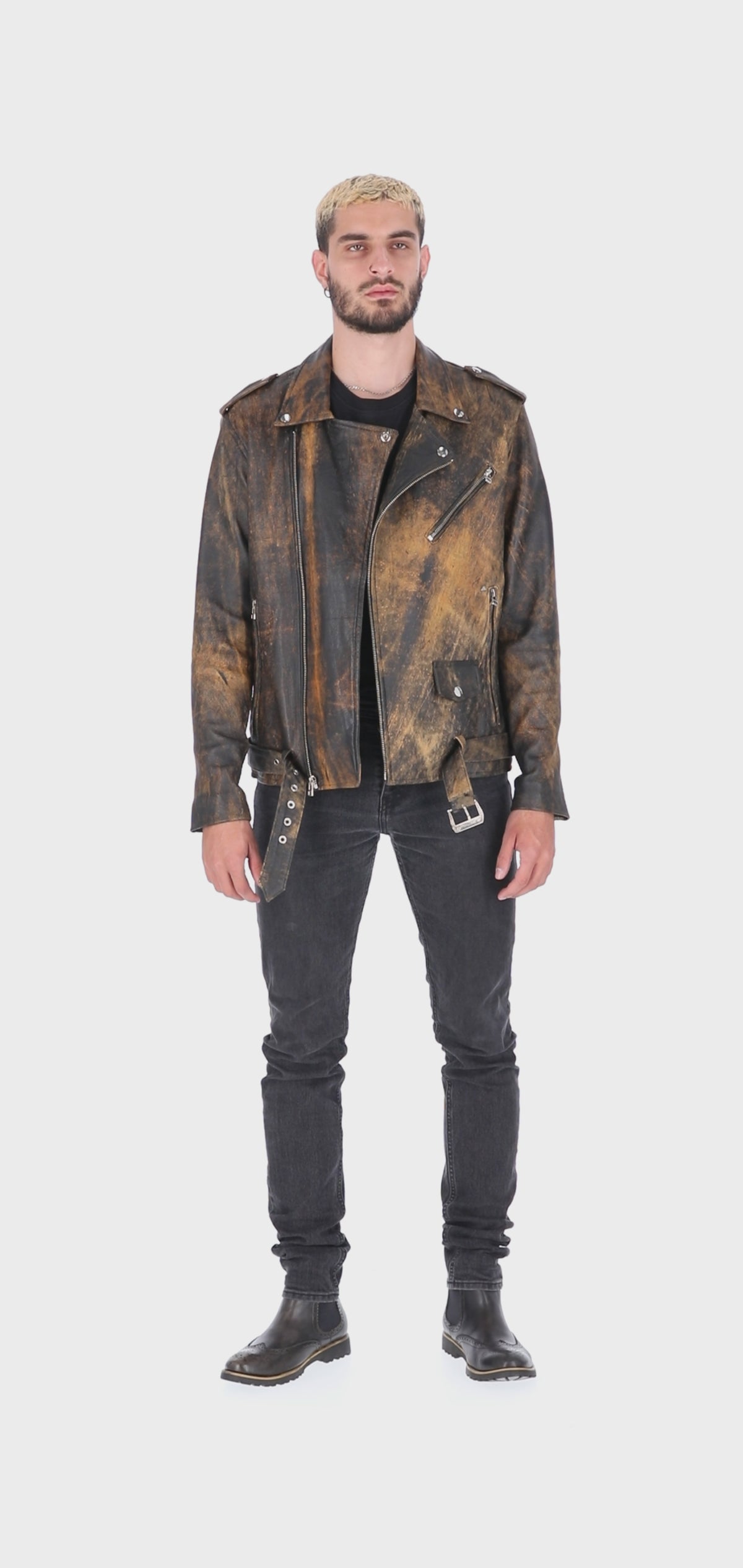 Chaqueta de Cuero Envejecido Negro Base Amarillo Bison