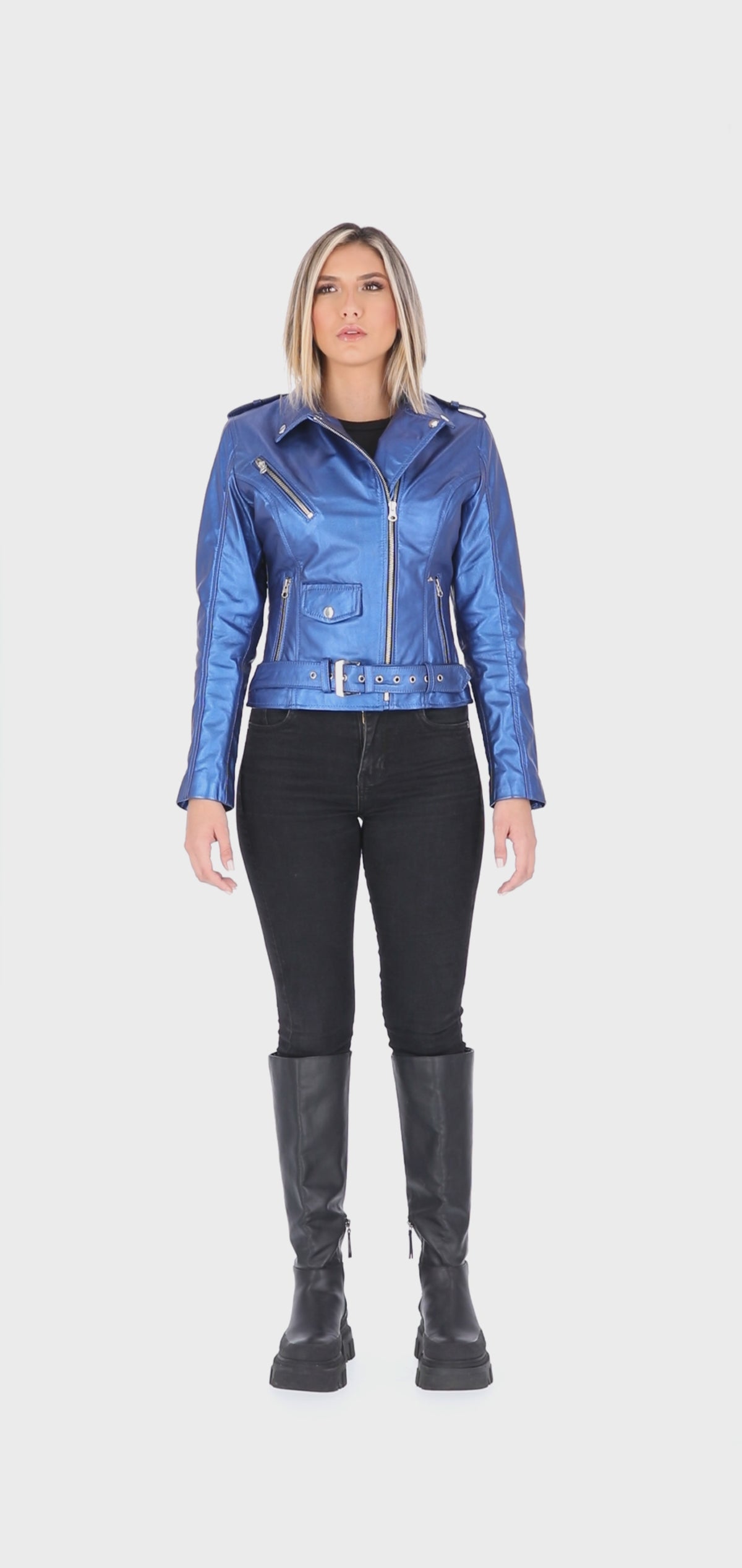 Chaqueta en Cuero Azul Metalizado W48