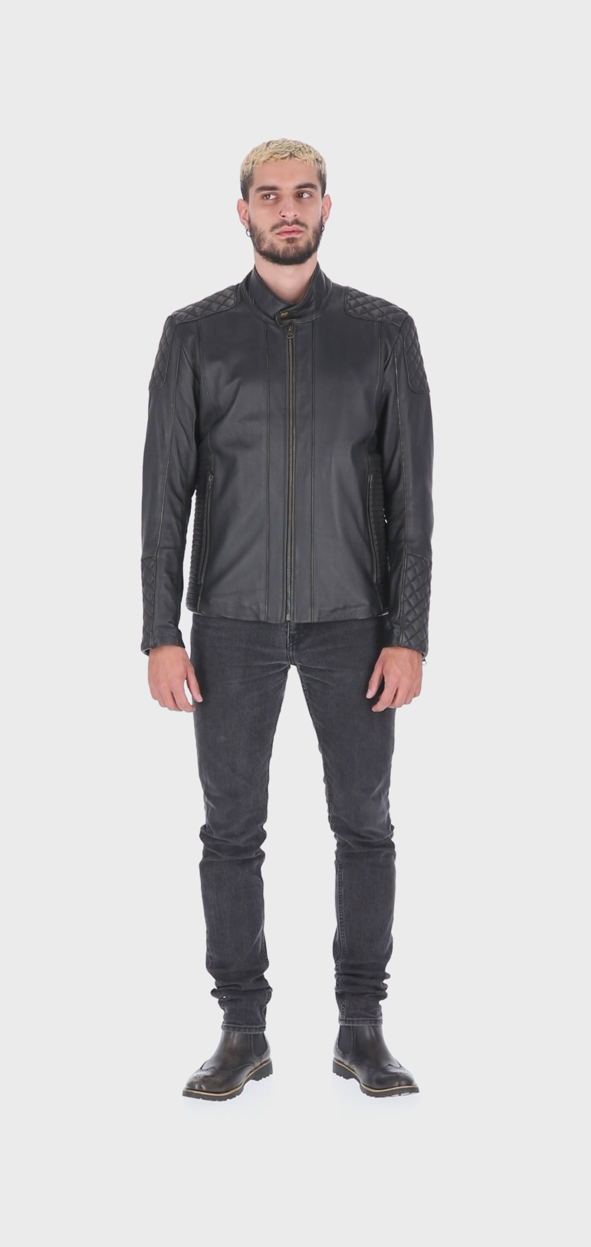 Chaqueta de Cuero Negro Base Beige  LCHL31