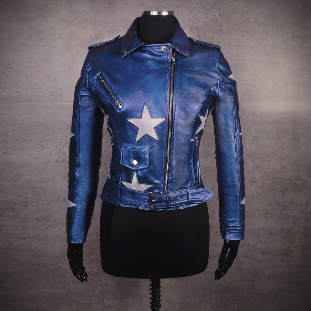 Chaqueta en Cuero Metalizado Azul-Estrellas W48