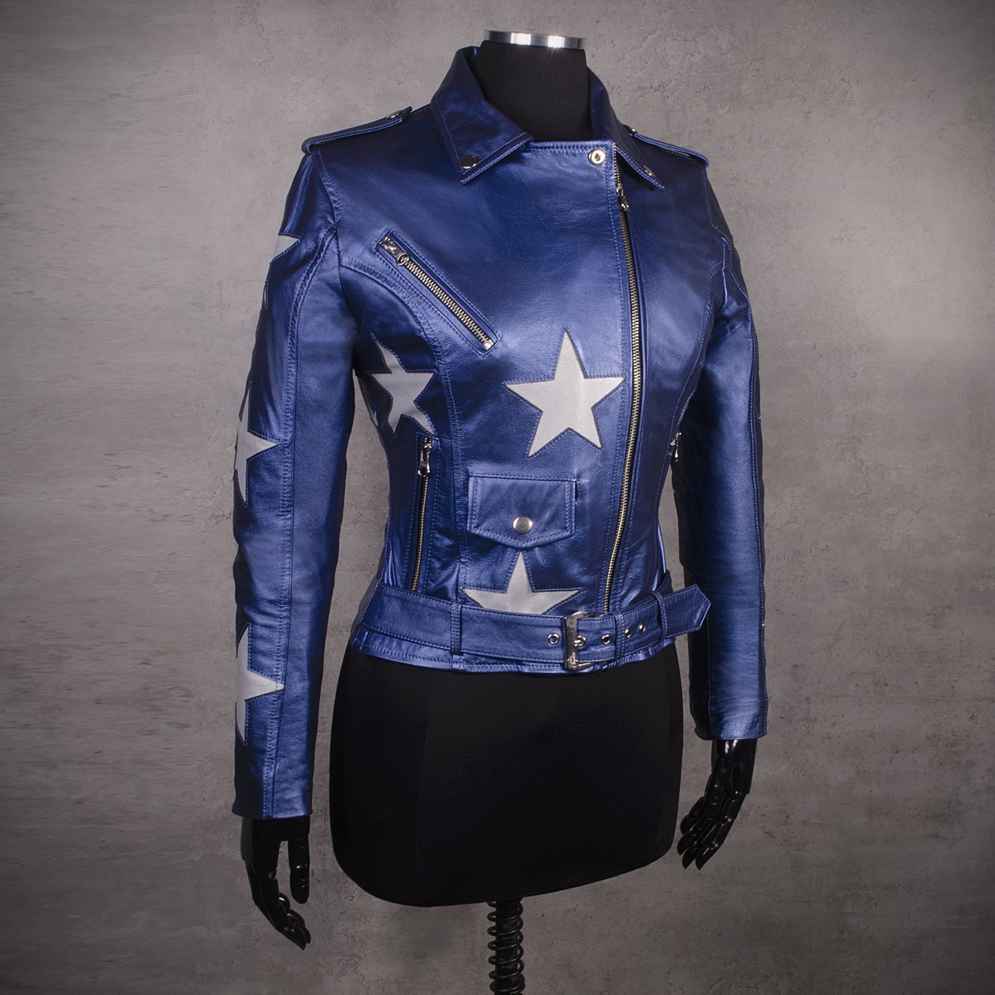 Chaqueta en Cuero Metalizado Azul-Estrellas W48