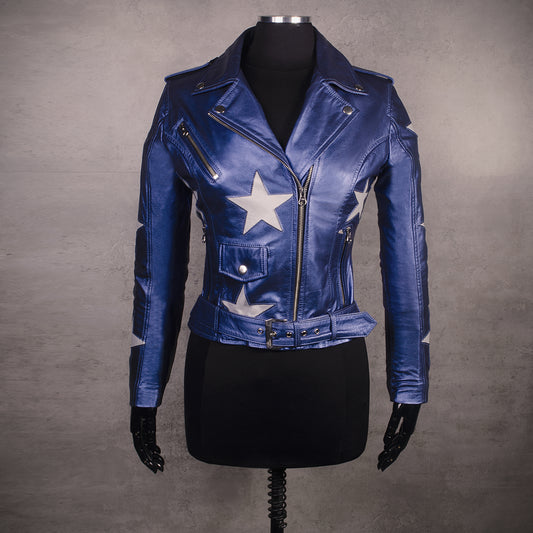 Chaqueta en Cuero Metalizado Azul-Estrellas W48